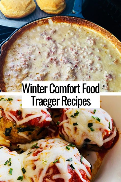 biscuits and gravy and meatballs Winter Smoker Recipes, Traeger Christmas Recipes, Weeknight Traeger Meals, Traeger Dinner Recipes, Traeger Soup Recipes, Smoked Casserole Recipes, Smoker Recipes Dinner, Traeger Chicken Recipes, Best Traeger Recipes