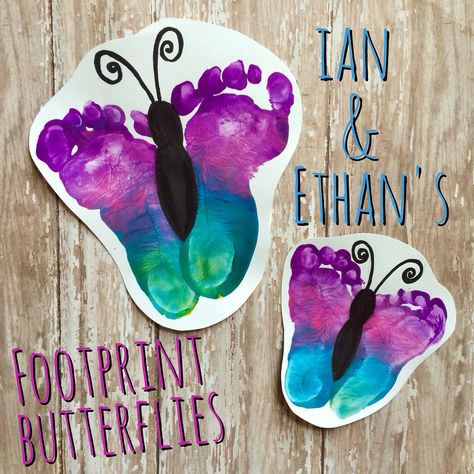 Feet Butterfly Footprint Art, April Artwork For Toddlers, Cute Handprint Crafts, Butterfly Infant Crafts, Foot Print Butterfly Crafts For Kids, Butterfly Footprint Craft, Butterfly Crafts For Infants, May Art For Toddlers, Spring Infant Crafts Footprint Art