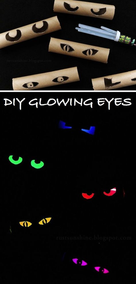 glow in the dark eyes from toilet paper   rolls & glow sticks - (16 Easy But Awesome Homemade Halloween   Decorations) Halloween Lego, Veselý Halloween, Läskig Halloween, Diy Halloween Dekoration, Easy Diy Halloween Decorations, Halloween Fest, Hallowen Ideas, Smart School, Homemade Halloween Decorations