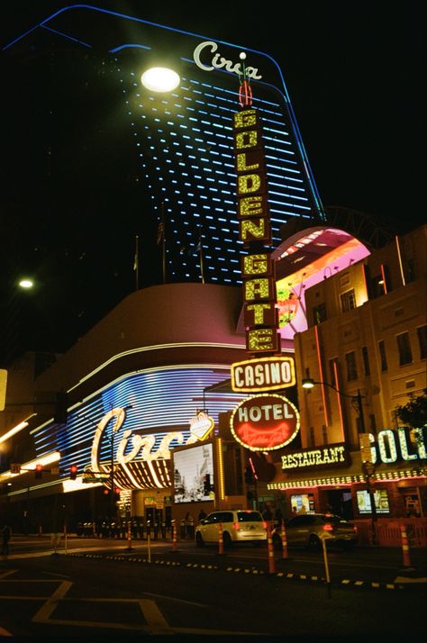 fremont street, Las Vegas nightime photography on film Nightime Photography, Fremont Street Las Vegas, Casino Hotel, Photography Aesthetic, On Film, Film Camera, Golden Gate, Film Photography, Night Life