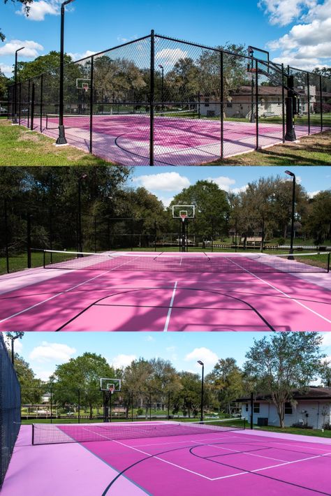 Muli-sport Court By Sportscapers.com Tennis Court Backyard, Chic Workspace, Sports Facility Architecture, Basketball Court Backyard, Backyard Sports, Backyard Basketball, Pink Basketball, Basketball Courts, Pink Gym