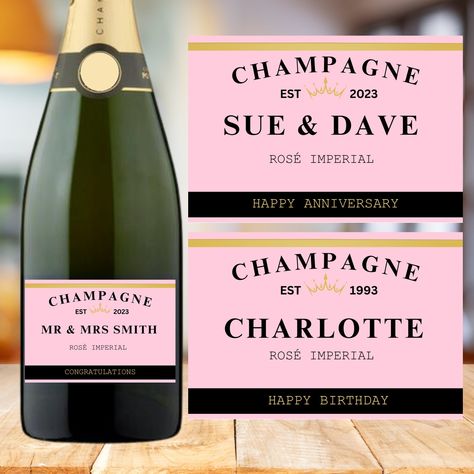 Champagne Wine Label, Custom Birthday Gift, Champagne Bottle Label, Rosé Champagne What better gift for a special occasion than a personalised bottle of fizz.  Champagne, Prosecco or Cava then this label will fit.  Personalised with a year a name and a choice of special occasion celebrations This is for a custom Rosé bottle of champagne.  You will a receive a Label only and NO BOTTLE SUPPLIED Gloss label 110mm x 75mm Permanent adhesive High wet-strength Fridge safe Recyclable Biodegradable Vegan Soak off the label from your Champagne/Prosecco bottle.  Make sure your bottle is dry and for best results lay bottle on a towel and stick the wine label from the centre outwards. Make sure any air bubbles are pushed out See the link below for the wine bottle version https://www.etsy.com/uk/listing Rosé Bottle, Rosé Champagne, Prosecco Bottle, Personalised Bottle, Bottle Of Champagne, Champagne Bottle Labels, Custom Wine Labels, Rose Champagne, Custom Birthday Gifts