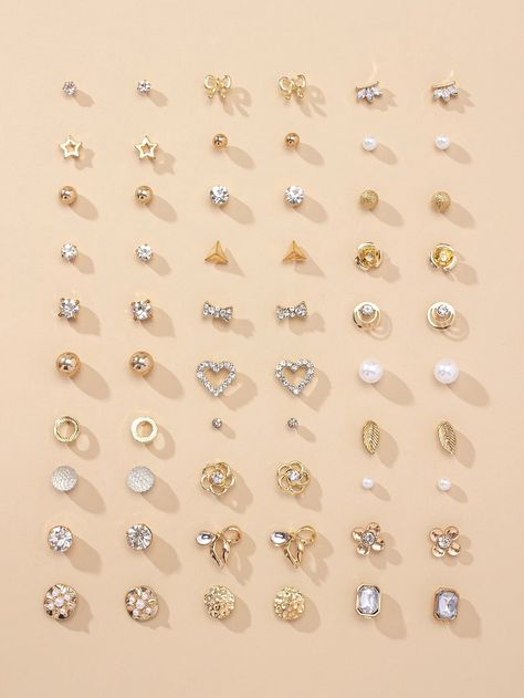 30pairs Heart Design Rhinestone Decor  Stud EarringsI discovered amazing products on SHEIN.com, come check them out! Small Studs Gold, Earrings Tops Gold, Small Gold Tops Designs, Studs For Women Gold, Small Earrings Design, Mini Earrings Gold, Ear Tops For Women, Studs Design Gold, Kids Earrings Gold