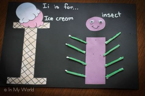 Preschool Letter I craft I is for ice cream and i is for insect. Of course, we know that insects have 6 legs, but let's not spoil the fun :) I For Insect Craft, I Preschool Crafts Letter, I Letter Crafts For Preschool, Lower Case I Crafts For Preschoolers, I Letter Craft Preschool, I Art For Preschool, I Is For Craft Preschool, I Letter Activities For Preschool, Lowercase I Craft