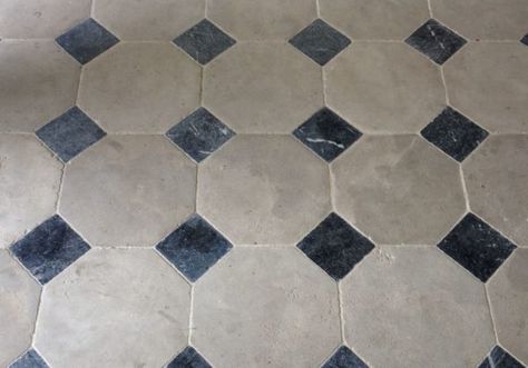 White Tiles Floor, Octagon Tile Floor, Antique Stone Flooring, Octagon Tile, Stone Floors, Stone Floor, Limestone Flooring, Black And White Tiles, Antique Stone