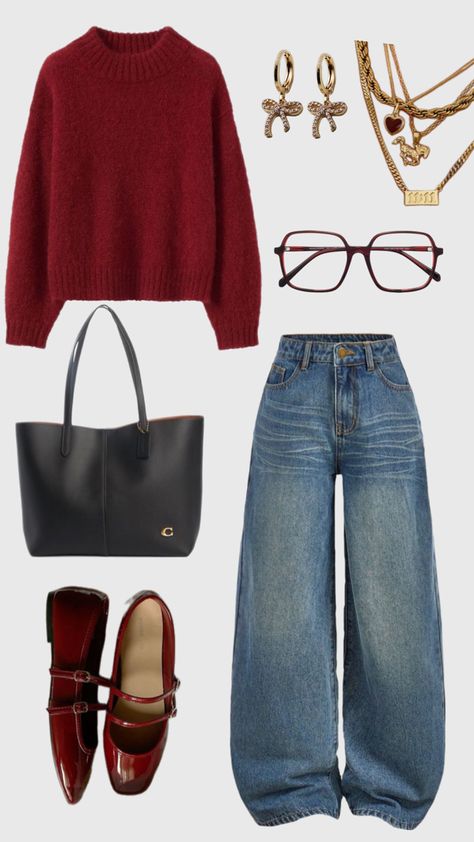 #outfitinspo#inspiration#falloutfit#burgundy Outfits With Burgundy Purse, Outfits With Red Loafers, Jeans Valentines Outfit, Red Sweaters Outfit, Burgundy Long Sleeve Outfit, Jewelry With Turtleneck Sweater, Thrift Winter Outfits, Outfits Ideas Layout, Burgundy Knit Sweater Outfit