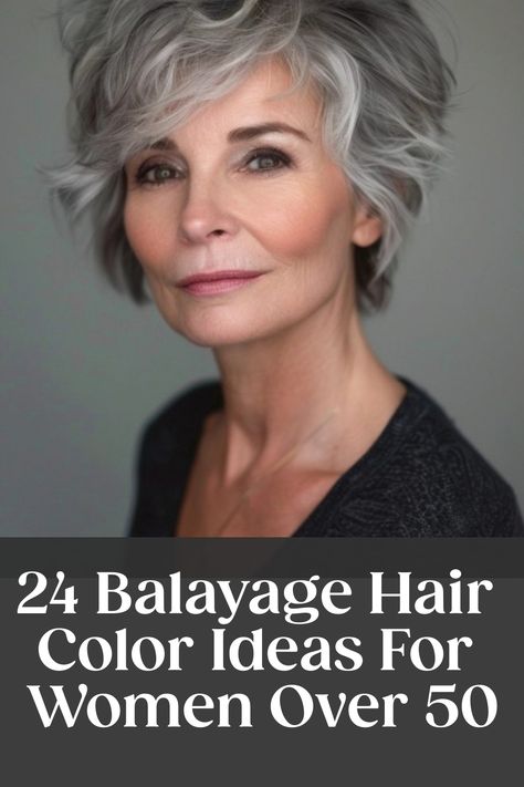 Woman with gray balayage hairstyle, promoting "24 Balayage Hair Color Ideas for Women Over 50". Low Lights For Graying Brown Hair, Highlights For Silver Hair Over 50, Balayage Hair Over 50, Transition Gray Hair, Coloring Grey Hair Highlights, Grey Hair Color For Older Women Over 50, Gradual Gray Hair Highlights, Grey Highlights In Blonde Hair, Hair Color Ideas For Blondes For Fall Ash Brown