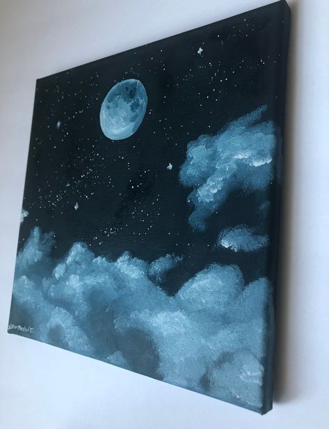 Painting of a moonlit night with clouds. Oil on stretched 10x10 canvas. Moon At Night Painting, Midnight Canvas Painting, Calm Canvas Painting, Canvas Painting Ideas Clouds, Acrylic Painting Night Sky Moonlight, Dark Night Sky Painting, Paintings In Black Canvas, Night Sky Canvas Painting Easy, Night Sky Moon Painting