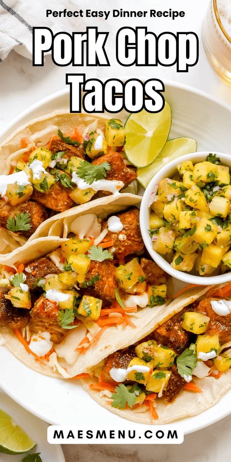 Pork Chop Tacos - these flavorful tacos are a delicious way to mix up your dinner routine! Made with crispy pork chop pieces marinated in delightful spices served with sweet and tangy pineapple and crunchy vegetables these easy, tasty tacos are sure to be a hit! Try this easy dinner recipe today! #tacos #easydinnerrecipes #porkrecipes Pork Chop Tacos, Diced Pork Recipes, Mexican Pork Chops, Tacos With Pineapple Salsa, Pork Cooking Temperature, Leftover Pork Chops, Tacos With Pineapple, Crunchy Vegetables, Pineapple Pork