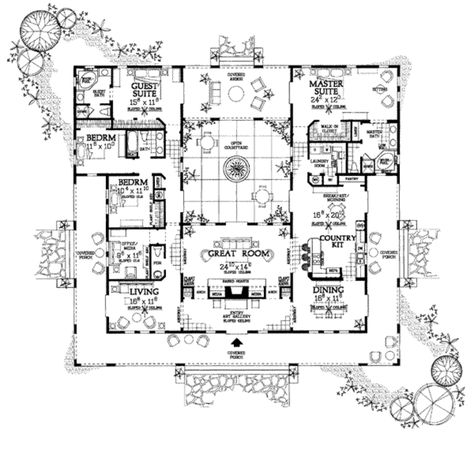 Plan #72-177 - Houseplans.com Spanish Style House Plans, Spanish House Plans, Southwest House Plans, Mediterranean Courtyard, Southwest House, Homes Small, Hacienda Style Homes, Mediterranean Style House Plans, Mediterranean House Plans