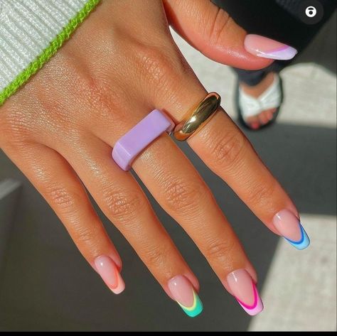 Coffin Multi Color French Tip, Gel Nails Ballerina Short, Multiple Color French Tip Nails, Dual French Nails, Nail Ideas Different Colors On Each Hand, Summer French Tips Square, Colour French Tips Nails Acrylic, Colorful French Tip Nails Square, France Nails