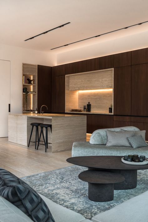 Moon Lighting, Luxurious Penthouse, Walnut Kitchen, Travertine Floors, Kitchen Interiors, Modern Kitchen Interiors, Interior Kitchen, Sopot, Design Del Prodotto