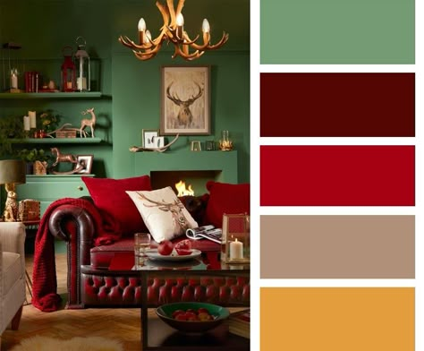 Red Green Living Room Decor, Green And Red Decor Living Rooms, Styling A Red Couch, Green And Red Room Ideas, Burgundy Furniture Living Room Decor, Wall Color For Red Couch, Red And Green Lounge, Red Couch Color Scheme, Red And Mustard Living Room