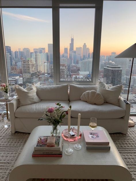 Toronto Apartment, Girl Apartment, Girly Apartments, Aesthetic Apartment, Chicago Apartment, Apartment View, Acrylic Coffee Table, Dream Apartment Decor, Future Apartment Decor