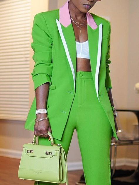 Loose Lapel Collar Regular Sleeve Lapel Collar Long Sleeve Urban Blazer Pink And Green Business Attire, Green And Pink Outfits For Women, Pink And Green Outfits For Women, Aka Outfits Alpha Kappa Alpha, Green Monochromatic Outfit, Pink And Green Outfit, Green Outfits For Women, Fashion Black And White, Green Outfits