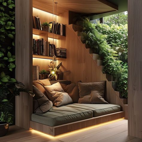 Nature’s Refuge: A Biophilic Reading Nook Under Your Stairs Find solace in a serene escape beneath your staircase. Embrace the calming presence of nature with a biophilic-inspired reading nook. Surround yourself with greenery, natural textures, and gentle lighting for a cozy retreat right at home. Conceptual AI Art Follow @ecosapiens for more! Home Library Rooms, Normal House, Cozy Interior Design, Living Room Built Ins, House Roof Design, Cozy Reading Corners, New Build, Surround Yourself, Cozy Reading Nook