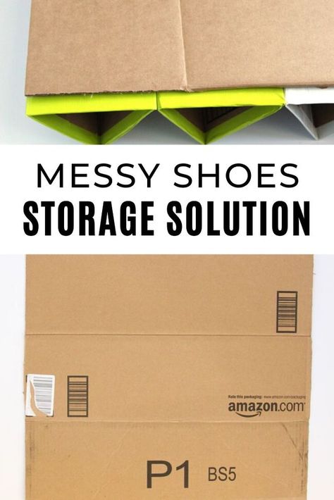 Are shoes taking over your floor? Check out this cheap, easy and quick shoe storage solution that is clever and eco- friendly by reusing cardboard boxes. Perfect for entryway closets. #diy #shoestorage #cardboard Plastic Crate Shoe Storage, Diy Shoe Box Ideas, Diy Shoe Storage Ideas, Entryway Closets, Shoe Storage Ideas For Small Spaces, Shoe Storage Small Space, Space Saving Shoe Rack, Shoe Bin, Storage Ideas For Small Spaces