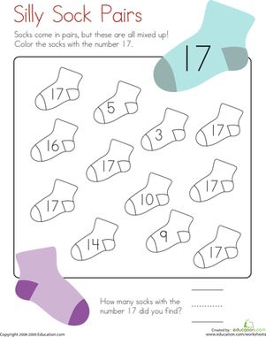 Socks usually come in pairs, but these silly socks are all mixed up! For this kindergarten math worksheet, kids color and count the socks with the number 17. Number Coloring Pages, Number Printables, Preschool Number Worksheets, Dr Seuss Activities, Silly Socks, Preschool Math Worksheets, Tracing Worksheets Preschool, Prek Math, Numbers Preschool