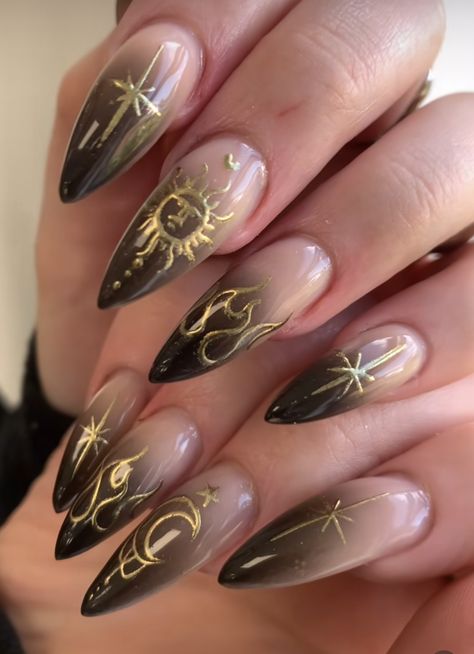 Gold Flames Nails, Apollo Inspired Nails, Sjm Inspired Nails, Witch Nails Aesthetic, Greek Goddess Nails Designs, Romani Nails, Mystical Nails Simple, Egyptian Nails Designs, Tarot Nail Art