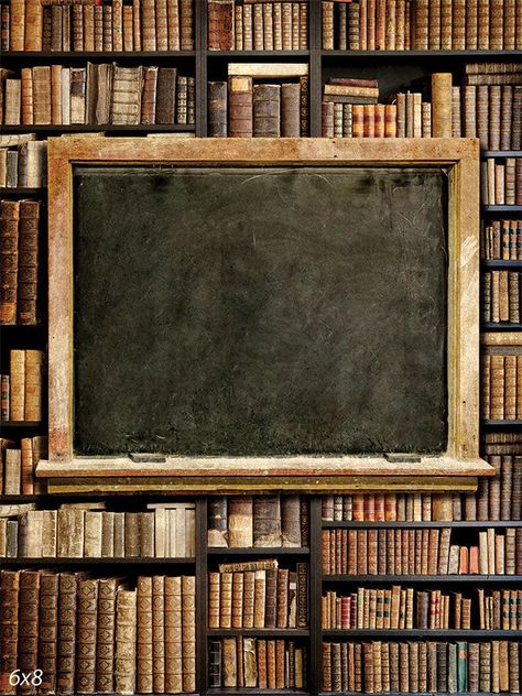 Vintage Library Chalkboard Photography Backdrop - Photography backdrop featuring a vintage chalkboard surrounded by antique books on shelves. Vintage Classroom Decor, Vintage Classroom, Homeschool Room Decor, Chalkboard Decor, Themed Photography, Rustic Chalkboard, Vintage Chalkboard, School Images, Backdrop Photography