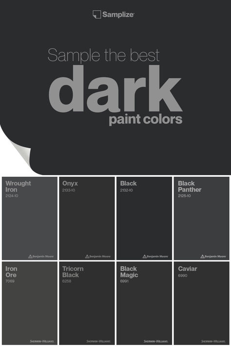 Sample the best dark paint colors with Samplize. Explore and experience a curated selection of exquisite shades designed to elevate your space effortlessly! Charcoal Paint Bedroom, Black Matte Paint Wall Colors, Blackest Black Paint, Painting A Room Black, Moody Gray Paint Colors, Darker Bedroom Paint Colors, Best Dark Grey Paint Color, Dark Secret Behr Paint, Charcoal Bedroom Walls