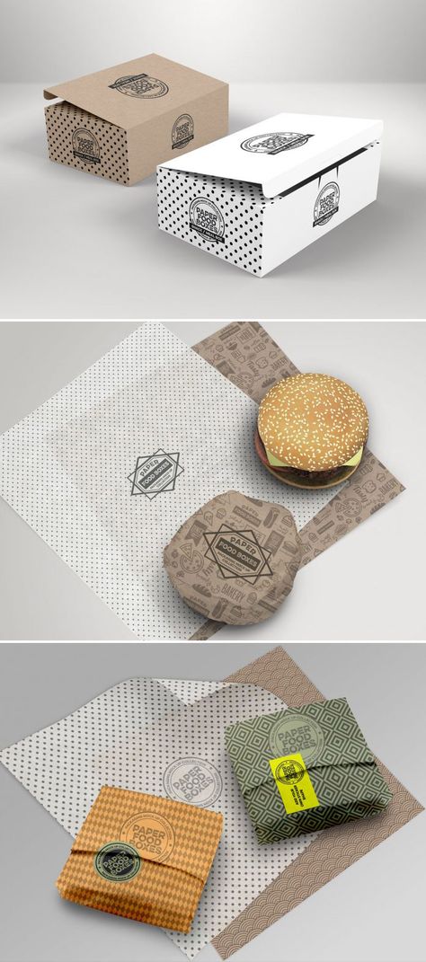 Download some of the best paper food packaging design mockups made for use in Adobe Photoshop. Hamburger Packaging Design, Food Wrapper Design, Restaurant To Go Packaging, Food Wrapping Paper Design, Food Packing Design, Hamburger Packaging, Food Paper Packaging, Paper Packaging Design, Packaging Moodboard