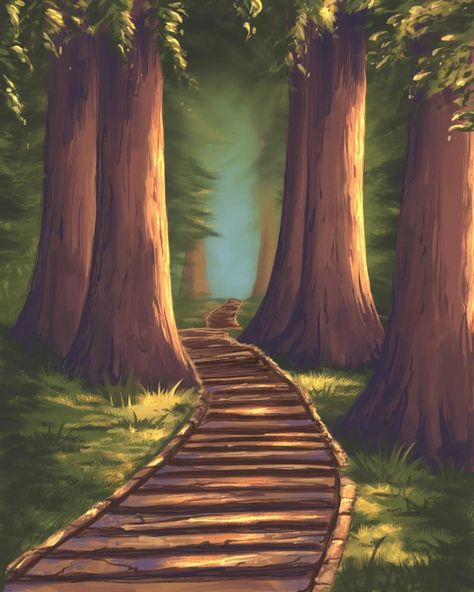 Perspective Forest Drawing, How To Draw A Pathway, Forest Pathway Drawing, Easy Forest Drawings, Woods Drawing Forests, Forest Aesthetic Drawing, Pine Forest Drawing, Forest House Drawing, Forest Trees Drawing