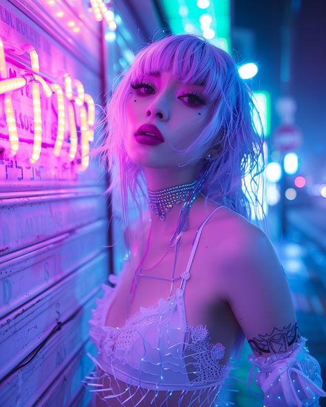 Neon Punk Fashion, Cyberpunk Photoshoot, Neon Goth, Romantic Killer, Neon Photoshoot, Neon Photography, Green Wig, Cyberpunk Girl, Neon Nights