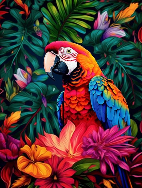 Colorful Animal Art, Seni Mural, Art Kits For Adults, Parrot Art, Jungle Painting, Parrot Painting, Painting Birds, Diamond Art Kits, Parrots Art