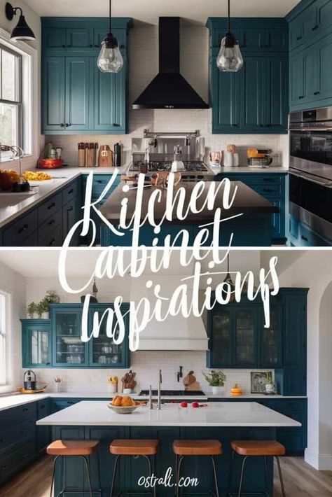 15 Kitchen Cabinet Inspirations to Transform Your Space Muted Teal Kitchen Cabinets, Teal Kitchen Cabinets With Black Granite, Deep Teal Cabinets, Dark Teal Kitchen Cabinets, Teal Cabinets Kitchen, Blue Green Kitchen Cabinets, Cabinet Kitchen Ideas, Grey Kitchen Inspiration, Teal Kitchen Cabinets