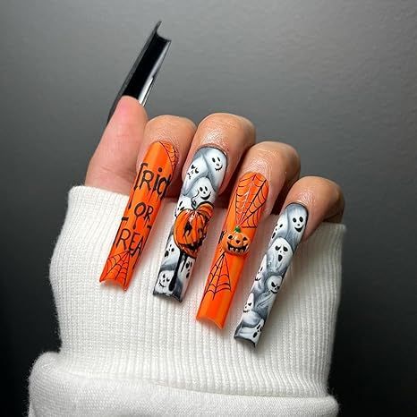 Kule Ting, Halloween Fest, Halloween Press On Nails, Long Press On Nails, Pumpkin Nails, Nagel Tips, Nail Forms, Halloween Nail Designs, Halloween Nail