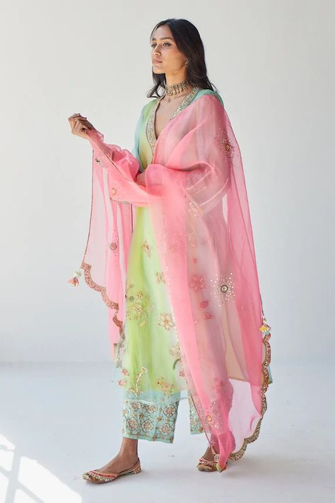 Buy Rajiramniq Blue Crepe Placement Embroidered Kurta Palazzo Set Online | Aza Fashions Maharani Designer Boutique, Kurta Palazzo Set, Pink Dupatta, Trendy Outfits Indian, Blue Kurta, Embroidered Motifs, Scalloped Border, Casual Indian Fashion, Desi Fashion Casual