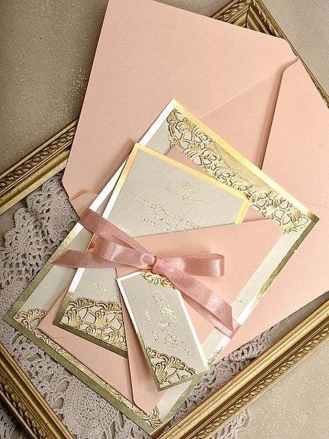 Peach And Gold Wedding, Pinterest Wedding Invitations, Peach Wedding Invitations, Quince Invitations, Lace Invitations, Peach And Gold, Pink And Gold Wedding, Glitter Wedding Invitations, Coral Wedding