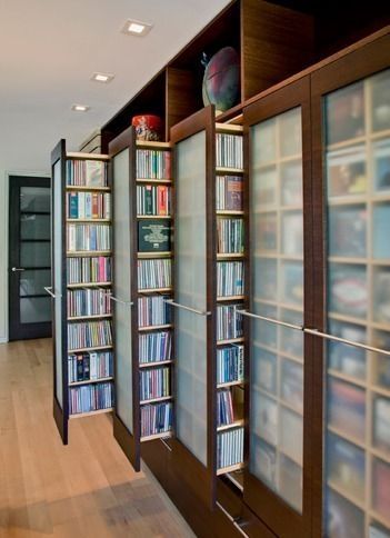 Unique Bookshelves, Home Library Rooms, Small Space Interior Design, Dvd Storage, Library Room, Home Library Design, Home Libraries, घर की सजावट, Book Storage