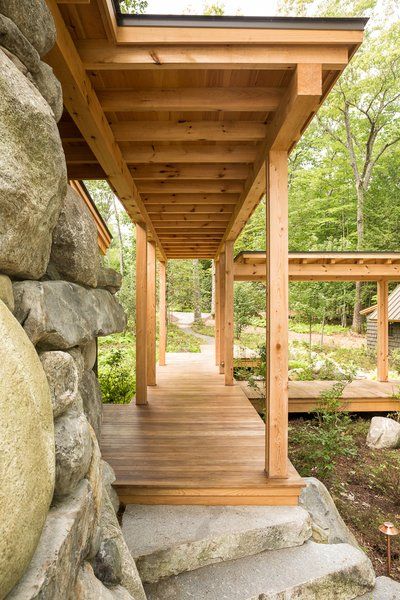 Covered Walkway Architecture, Hardscaping Backyard, Timber Walkway, Winkelman Architecture, Bridgton Maine, Covered Walkways, Eastern White Cedar, Maine Summer, Modern Outdoor Spaces