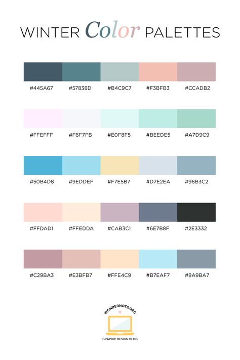 Need color inspiration? Check out these Color Palettes for Web, Digital, Blog & Graphic Design with Hexadecimal Codes by Wondernote. These winter color palettes are reminiscent of frost, dusty snow, and cold-weather skies. They will inspire your next design -- whether it's a blog layout, branding, interior decorating, or greeting card design. I've hand-selected 5 unique colors that play well together and look great. Winter Pallete Colors, Digital Greeting Cards Design, Winter Color Palette With Hex Codes, January Color Palette Hex Codes, Winter Hex Codes, Color Palette For Notes, Hex Code Color Palette Google Calendar, Google Color Codes, Colors With Code