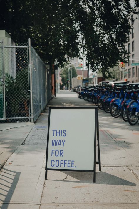 | Blank Street Coffee Sidewalk Sign Ideas Coffee Shop, Coffee Shop Sidewalk Sign, Coffee Shop A Frame Sign, Street Coffee Shop Design, Pavement Sign Design, Neighborhood Coffee Shop, Coffee Shop Pop Up, Cafe Pop Up, Cafe Signage Design Outdoor