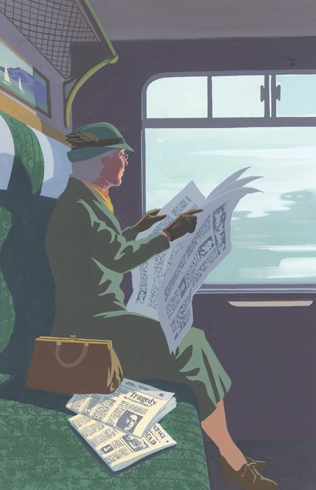 Atmospheric illustration from The Folio Society edition of Agatha Christie's Miss Marple novels by contemporary English illustrator Andrew Davidson. Reading On Train, Agatha Christie Books, People Reading, Nostalgic Images, Miss Marple, Hercule Poirot, Woman Reading, Agatha Christie, Favorite Authors