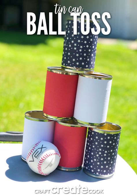 Our Easy Tin Can Ball Toss Game is the perfect backyard game and it only takes a few minutes to make. Baseball Carnival Games Diy, Baseball Carnival Games, Baseball Themed Games, Baseball Party Games, Sandlot Party, Ball Toss Game, Diy Carnival Games, Baseball Theme Birthday, Outside Games