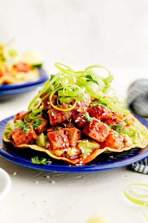 Ahi Tuna Tostada, Spicy Ahi Tuna, Tuna Tostadas, Tostada Shells, Ahi Tuna Recipe, Tuna Tacos, Tuna Ceviche, Ahi Tuna Steak, Tostada Recipes