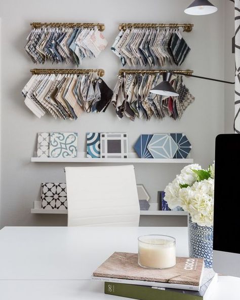 Lindsey Brooke Design on Instagram: "A full day back in the LBD office just feels so good. Thankful this is my view whenever I'm not on site visits or installs. Keeping it beautiful and functional is pretty simple with the right organizational pieces.⁣ ⁣ Did you see my office tour a few weeks ago on @theidentiteco's blog? If not, go check it out. We've really utilized every inch of the space. ✔⁣ ⁣ #LBDStudio | Photography by @amybartlam" Interior Design Material Library, Material Room Design, Sample Room Design Interiors, Interior Design Office Organization, Interior Studio Design Office, Interior Designer Sample Storage, Interior Design Sample Organization, Interior Designer Office Design, Interior Design Studio Organization