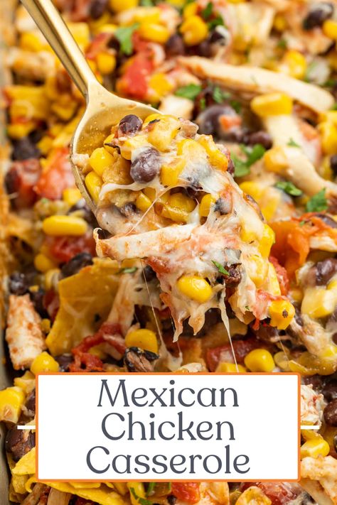 This Mexican chicken casserole is wholesome and comforting! Layers of crispy tortilla chips, Mexican shredded chicken, and plenty of cheese make up this delicious dish. Throw this simple, crowd-pleasing meal together for friends and family! Mexican Chicken Casserole, Shredded Chicken Recipes, Queso Dip, Mexican Chicken, Easy Casserole Recipes, Chicken Recipes Casserole, Chicken Dishes Recipes, Easy Casserole, Mexican Food Recipes Authentic