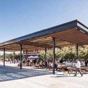 Midland Railway Square by PLACE Laboratory « Landscape Architecture Works | Landezine Canopy Architecture, Urban Village, Landscape Structure, Pavilion Design, Shade Structure, Industrial Buildings, Urban Farming, Contemporary Landscape, Landscape Architect