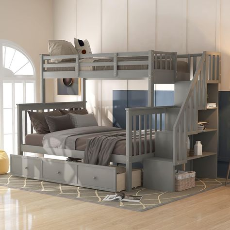 Stairway Storage, Grey Bunk Beds, Stairway Bunk Beds, Bunk Bed With Stairs, Bed With Stairs, Bunk Bed Frame, Solid Wood Bunk Beds, White Bunk Beds, Twin Over Full Bunk Bed