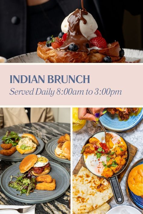 An image showing a selection of Zouk's Indian brunch dishes including French Toast, Baked Eggs and a selection of Breakfast Sandwiches and Hash Browns Indian Brunch, Halal Breakfast, Full English Breakfast, Breakfast Specials, Eggs Breakfast, Full Breakfast, Brunch Restaurants, Brunch Dishes, Breakfast Sandwiches