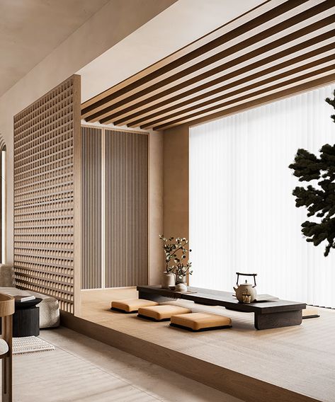 Japan Salon Design, Modern Tatami Room, Tatami Room Modern, Modern Japandi Interior, Japanese Tatami Room, Japandi Apartment, Tatami Living Room, Ruang Tamu Outdoor, Japanese Living Room