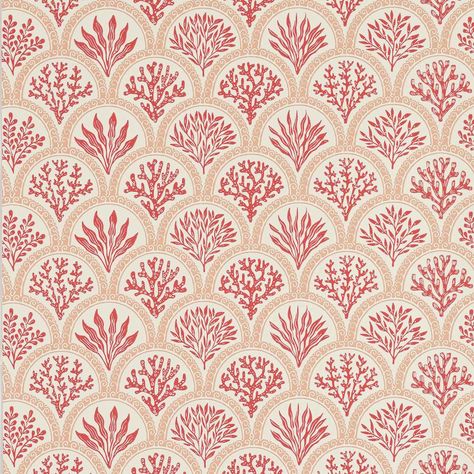 Coralli Wallpaper in Red/Indigo by Jane Churchill Coral Bathroom Decor, Hall Wallpaper, Jane Churchill, Coral Wallpaper, Scallop Design, Vertical Pattern, Coral Pattern, Hamptons Style, Scallop Edge