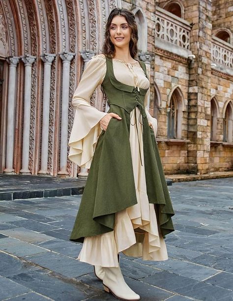 Amazon.com: Scarlet Darkness Women Renaissance Costume Pirate Overdress Medieval Underbust Dress Army Green S : Clothing, Shoes & Jewelry Fantasy Formal, Underbust Dress, Medieval Women Dress, Scarlet Darkness, Sage Green Maxi Dress, Medieval Outfit, Costume Pirate, Ren Faire Outfits, Green Corset