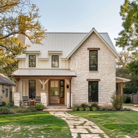 Maine Aesthetic House, English Cottage Style Homes Exterior, French Country Farmhouse Exterior, English Farmhouse Exterior, Limestone House Exterior, Modern French Country Exterior, European Farmhouse Exterior, Brick Farmhouse Exterior, Light Blue House