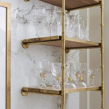 Wall Shelves For Kitchen, Open Kitchen Shelves Wall Shelves, Retro Shelving, Bar Shelf Ideas, Beaux Arts Architecture, Kitchen 2025, Bistro Shelving, Bar Shelving, Brass Shelving